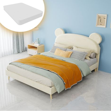 Lit enfant 140x200 cm en tissu beige, gain de place pour chambre, avec matelas FloraGrace (1/5)