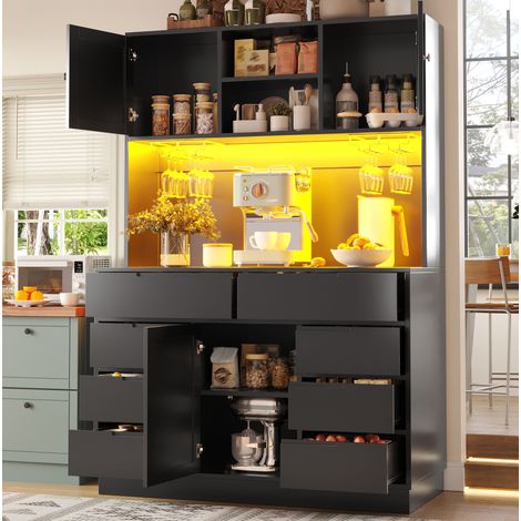 Moderner Hochschrank, Küchenschrank mit Smart LED Beleuchtung, Hochschränke fürs Wohnzimmer, 8 Schubladen, Magnetverschluss, Höhenverstellbaren Böden, 120 ×40×183.5cm, Schwarz (1/5)
