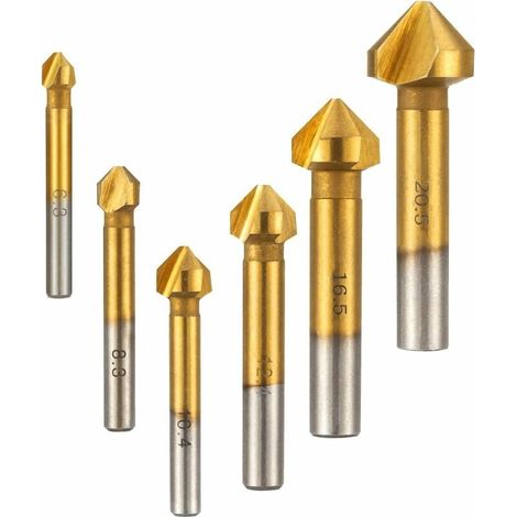 6 punte svasate in noce a 90° HSS con smusso svasato 6,3 mm 8,3 mm 10,4 mm 12,4 mm 16,5 mm 20,5 mm Denti Fresa cilindrica rivestita in titanio per legno, metallo e PVC (1/5)