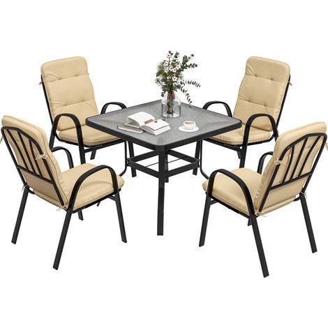 5 Pieces Outdoor Square Garden Dining Set w/ Tempered Glass Dining Table 4 Cushioned Armchairs, Umbrella Hole, Beige