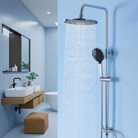 Auralum Max Chrom-Duschset: Runde Duschsäule ohne Armaturen, Regenduschkopf und 4-Strahl-Handbrause, höhenverstellbar von 74 bis 112 cm für Dusche und Badewanne