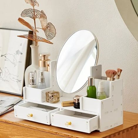 TrAdE Shop Traesio - Specchio Trucco Con Cassetti In Legno Organizer Gioielli Pennelli Montaggio Su Comò - (1/5)