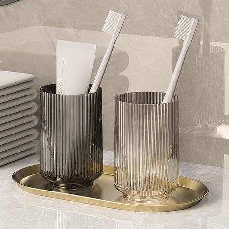Porta spazzolini, set da 2, minimalisti, in vetro infrangibile, di grande capacità, coppia di porta spazzolini, bicchieri con superficie a coste (1/5)