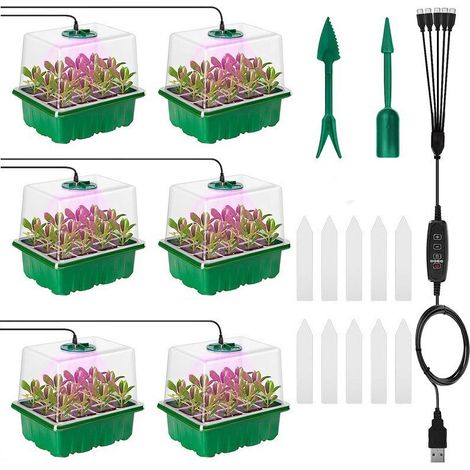 FLITI 6-Piece Mini Germination Greenhouse Kit with USB Full Spectrum LED Lighting, Green Plastic Seed Tray with Ventilated Dome for Indoor Plants and Flowers
