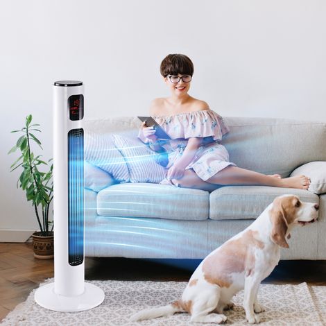 Ventilateur colonne avec télécommande, oscillation à 70°, 96 cm, 45 W, 3 modes, 3 vitesses, minuterie, blanc
