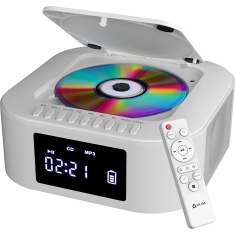 Boombox E1 Poste Radio CD Portable - Extra Bass Subwoofer - Bluetooth USB Tuner FM avec Présélections Automatiques, Batterie Rechargeable Longue Durée, Port Auxiliaire Universel - Blanc (1/5)