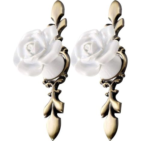 Lot de 2 boutons de porte vintage en céramique, forme de rose, pour meubles de cuisine (bronze blanc) (1/4)