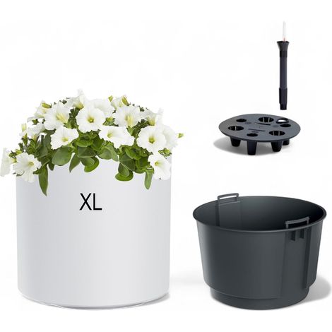 Pot de fleurs rond moderne avec insert et syst¨¨me d'irrigation, r¨sistant au gel et aux UV, en plastique, pour int¨rieur et ext¨rieur, blanc, XL (1/5)