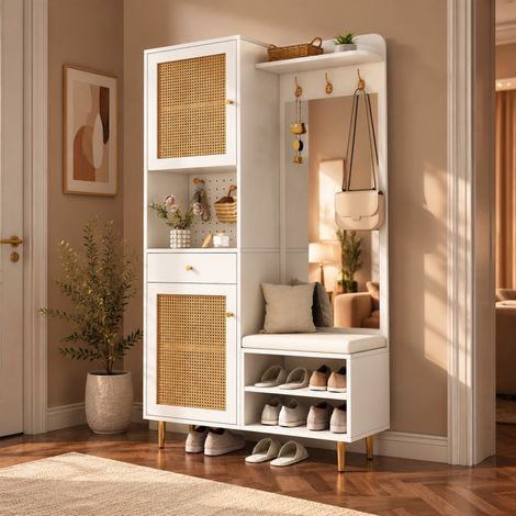 Schuhschrank mit Sitzbank 99 × 35 × 180 cm Weiß/Natur für den Flur – MEUBLIV (1/5)