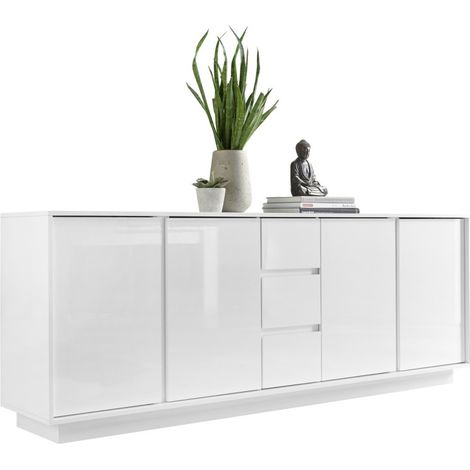 Meublorama – Buffet 4 portes et 3 tiroirs L180xH78xP43 cm – Blanc laqué brillant – Collection CREAM – Finition élégante et nettoyage facile (1/3)