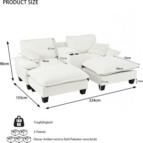 Canapé d'angle modulaire Cloud, canapé bateau avec repose-gobelets et compartiment de rangement, ports USB, 2 poufs et 2 coussins, revêtement en chenille beige pour salon et appartement (1/4)