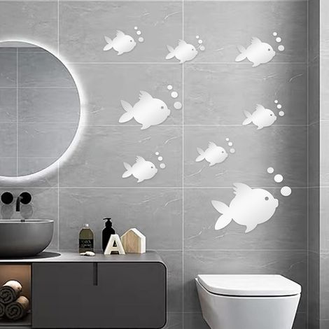 JSSEVN - 3D Mirror Wall Stickers Fish and Bubbles, Acrylic Wall Sticker, Wall Stickers for Bedroom Silver Mirror Stickers Suitable for Bedroom