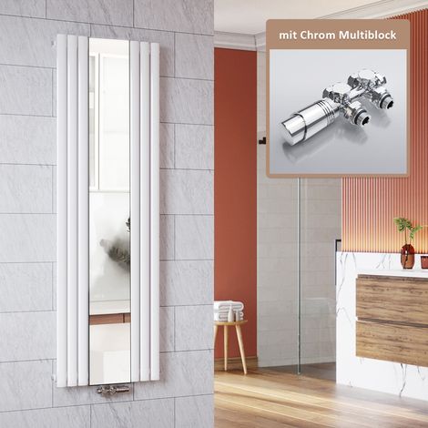 SONNI Radiatore di design verticale con specchio Tubolare 1800x500mm Radiatore a pannello monostrato bianco, con multiblock cromato (1/5)