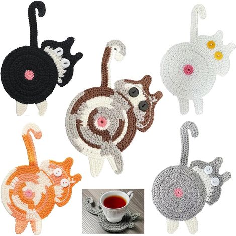 Set di 5 sottobicchieri - graziosi sottobicchieri intrecciati a forma di gatto per caffè e tè - idea regalo per la scrivania (1/4)
