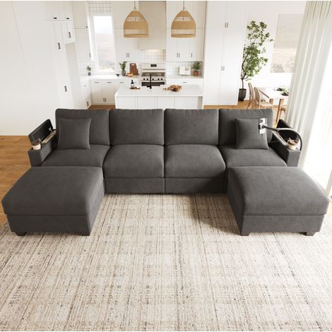Sofá cama modular U con USB y almacenaje de pana OKMYHOME (1/5)