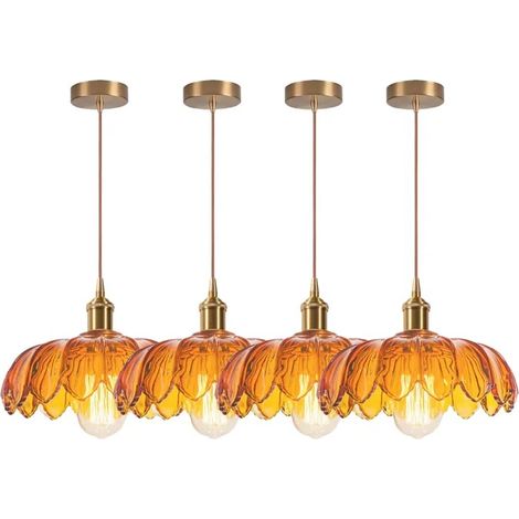 4x Lustre Ambre,Moderne Lampe de Plafond Vintage Abat-jour en Verre Design Fleurs E27 Suspension Luminaire Style (1/5)