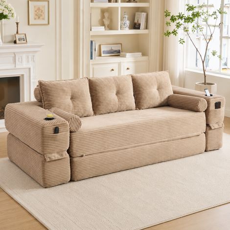Canapé-lit 3 places 232x98x80 cm kaki avec rangement et porte-gobelet, en tissu corduroy MEUBLIV (1/5)