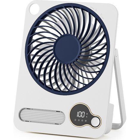 (Blanc) Ventilateur de bureau pliable ultra-mince de 3000 mAh, fixé au mur, avec veilleuse, Bluetooth et interface USB. (1/5)