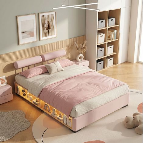 Letto matrimoniale imbottito 140x200 cm in velluto rosa con illuminazione a LED, testiera regolabile su 3 lati, vano contenitore a giorno e ripiano laterale (1/5)