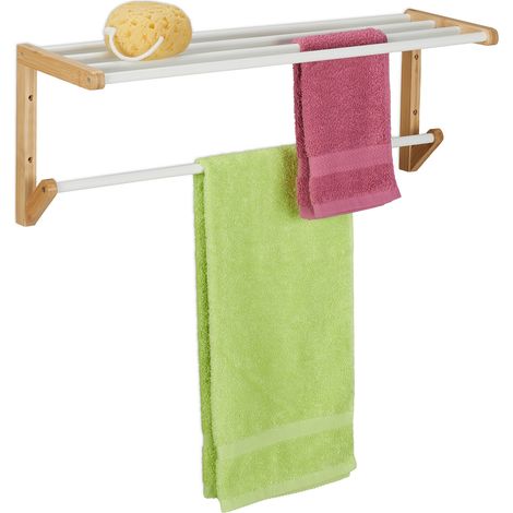 Relaxdays Portasciugamani da Parete, HLP 25x70x20 cm, Mensola da Bagno con Aste per Asciugamani e Ripiano Bianco Marrone