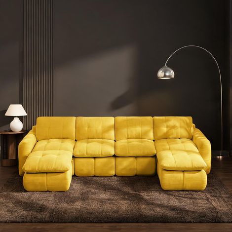 Canapé modulaire jaune en U 4 places avec poufs 334 x 160 x 68 cm (1/5)