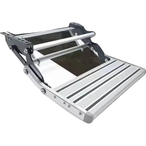 Sgabello retrattile, in lega di alluminio rinforzata, portata massima 200 kg, dimensioni completamente esteso 500x454x183 mm, dimensioni da chiuso 393x484x144 mm, funzionamento manuale. (1/5)