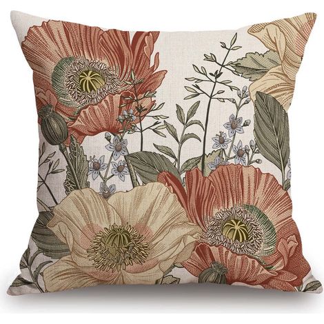 Taie d'oreiller carrée vintage à motif floral, bordure rustique en coton et lin, 45,7 x 45,7 cm.