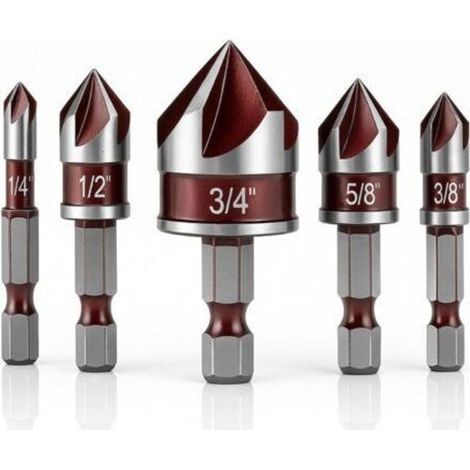 5Pcs Foret à Métal Fraiser, 5 Flûte Fraise à Chanfreiner HSS Foret Conique Fraise à Noyer Forets Fraise à Ébavurer, 6/10/13/16/19mm Outil de Vis pour DIY Bois Métal PVC (1/3)
