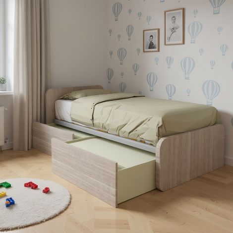 Letto singolo con cassetti 80x190 per cameretta - Design personalizzabile - Rovere rock