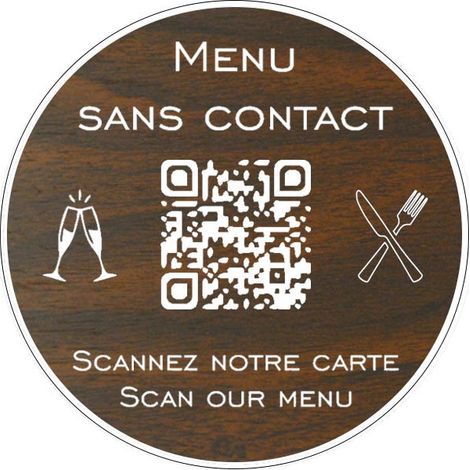 Menu sans contact personnalisé format rond QR Code - Présentation menu hôtel restaurant sans contact - Couleur effet bois foncé (1/4)