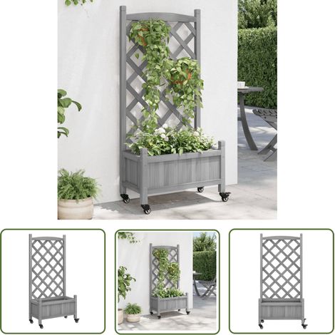 The Living Store Jardinière avec treillis et roues gris bois massif de sapin - Jardinier - Pot De Fleurs - Plante Grimpante - Bac À Plantation - Décoration Extérieure (1/5)