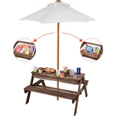 Mesa de Pícnic con Sombrilla Juego de Mesa y Banco de Madera 890 x 800 x 510 mm para Interior Exterior con 2 Bandejas, Mueble de Comedor para 4 Personas para Jardín, Patio, Porche, Parque (1/5)