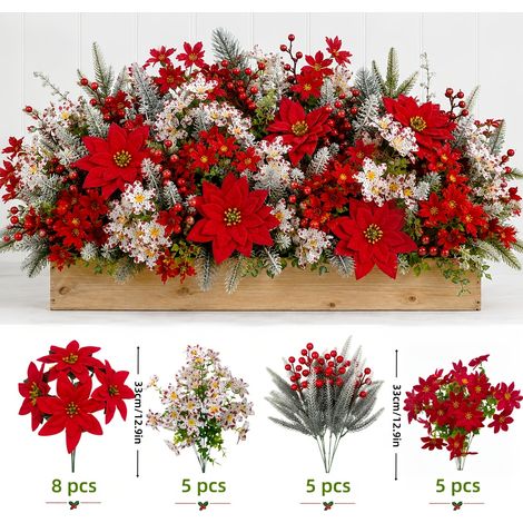 23 Pièces Bouquet de Fleurs Artificielles de Noël, Roses Rouges Réalistes, Petites Roses, Baies et Feuillage de Pin Blanc (1/5)