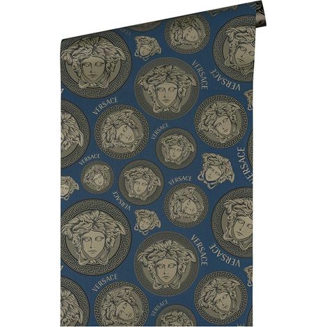 Papier peint Medusa brun sur fond bleu Tapisserie luxe graphique à cercles Papier peint design idéal pour couloir (1/4)