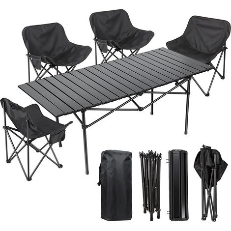 FLASIDU - Ensemble table et chaises d'extérieur, comprenant 1 table pliante et 4 chaises pliantes, en acier au carbone de haute qualité, avec un sac de rangement portable, noir (1/5)