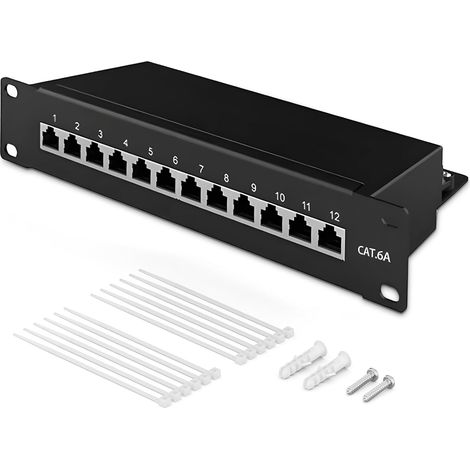 12 Port Shielded Patch Panel (STP) - 8 Shielded RJ45 Sockets - Wall/Desktop Mount - Black - Compatible with TIA/EIA-568A and 568B (1/5)