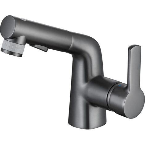 Miscelatore per bagno con doccetta estraibile, doppio comando acqua calda/fredda, miscelatore monocomando per lavabo estraibile, nero opaco e grigio