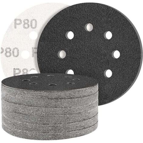 Lot de 50 disques abrasifs en carbure de silicium noir, grain 80, pour ponceuse orbitale aléatoire ronde à 8 trous - Grain mixte - Pour le polissage