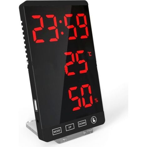 LED Mirror Clock, Thermometer and Hygrometer, Electronic Weather Clock, Alarm Clock, Bold Red Lettering (1/5)