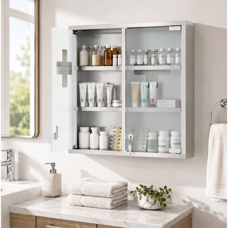 Armoire à pharmacie murale en acier inoxydable argenté, verrouillable avec 2 clés, portes en verre dépoli, 6 zones de rangement, pour salle de bains – CHICFURN (1/5)