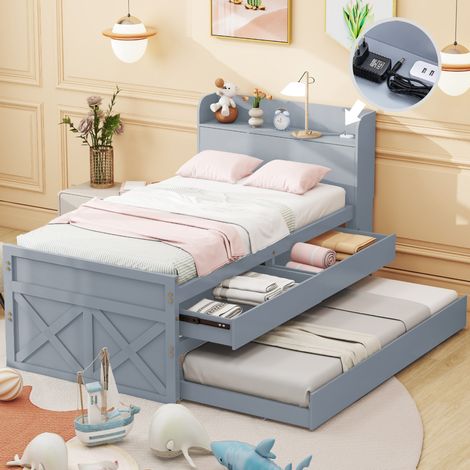 Einzelbett 90x190 cm – mit zwei Schubladen und Klappbett – Nachttisch mit Stauraum und USB-Ladeanschluss – Lattenrost – Geeignet für Teenager und Kinder – Grau