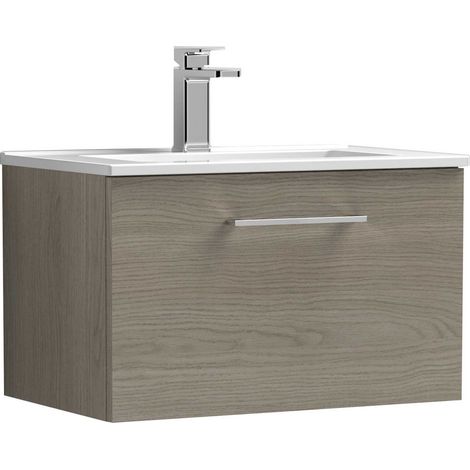 Nuie Arno Wall Hung 1-Drawer Vanity Unit with Basin-2 600mm Wide - Solace Oak Woodgrain (1/5)