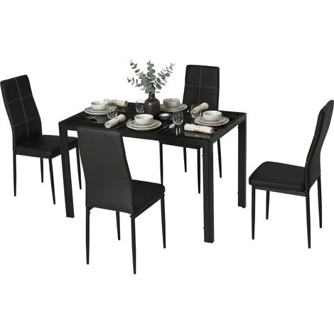 Ensemble de salle à manger avec table et 4 chaises, table rectangulaire en verre trempé, noir (1/5)