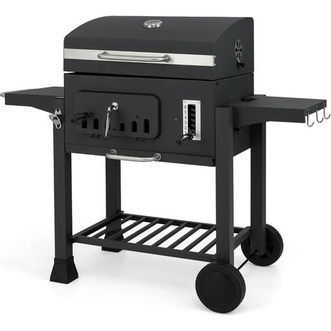 Barbacoa de carbón 132 x 57 x 106 cm con 2 mesas plegables regulables (6 posiciones) negra acero laminado en frío 200010596