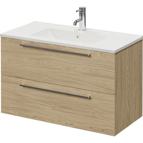 Napoli 390 Light Oak 800mm Wall Mounted 2 Drawer Vanity Unit with Angel Basin - 800mm - Chrome 480mm Handle