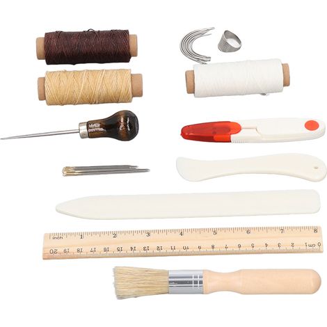 Kit de couture cuir débutant : lot de fil ciré, aiguilles, règle, ciseaux, poinçon pour artisanat du cuir (1/5)