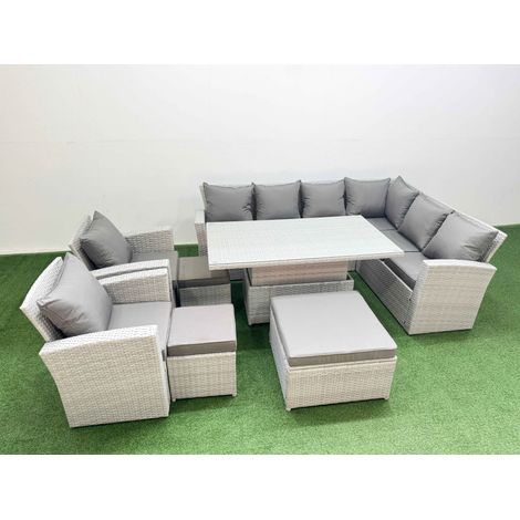 Fimous 11 Seat Rattan Garden Furniture Corner Sofa Set Outdoor Adjustable Lifting Dining or Coffee Table Set with 3 Footstools Light Grey (1/4)