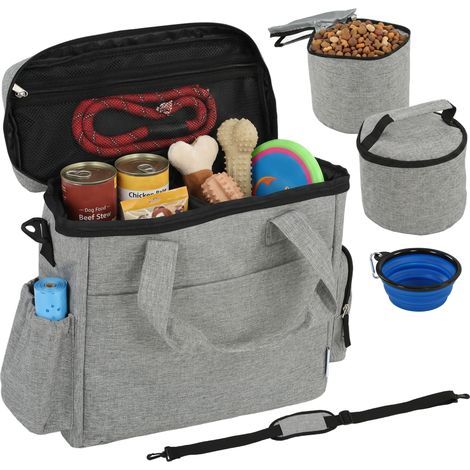Cage de transport pour chien à plusieurs compartiments, 2 gamelles incluses, pliable, bol en silicone, 38 x 17 x 35 cm, gris clair (1/5)