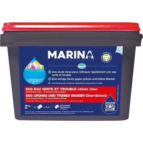 Désinfectant chloré de piscine sachets hydrosolubles 2 kg – Double action désinfecte et clarifie – Pour eau verte et trouble – Marina