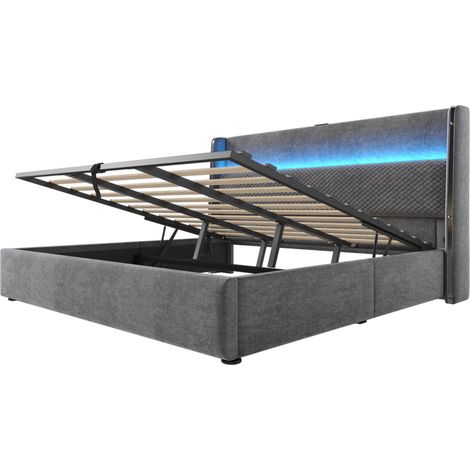 Lit coffre hydraulique 180x200 cm gris avec tête de lit haute LED USB Type-C (1/5)